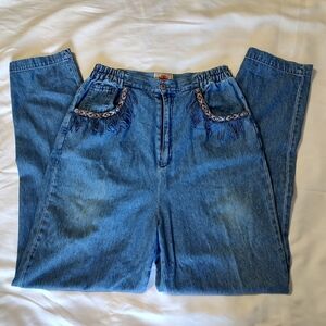 Vintage Women's Blue Creek High Rise Jeans with Aztec Pocket Trim and Fringe 14